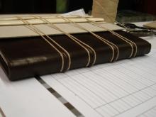 Raised bands bound with cord while leather dries